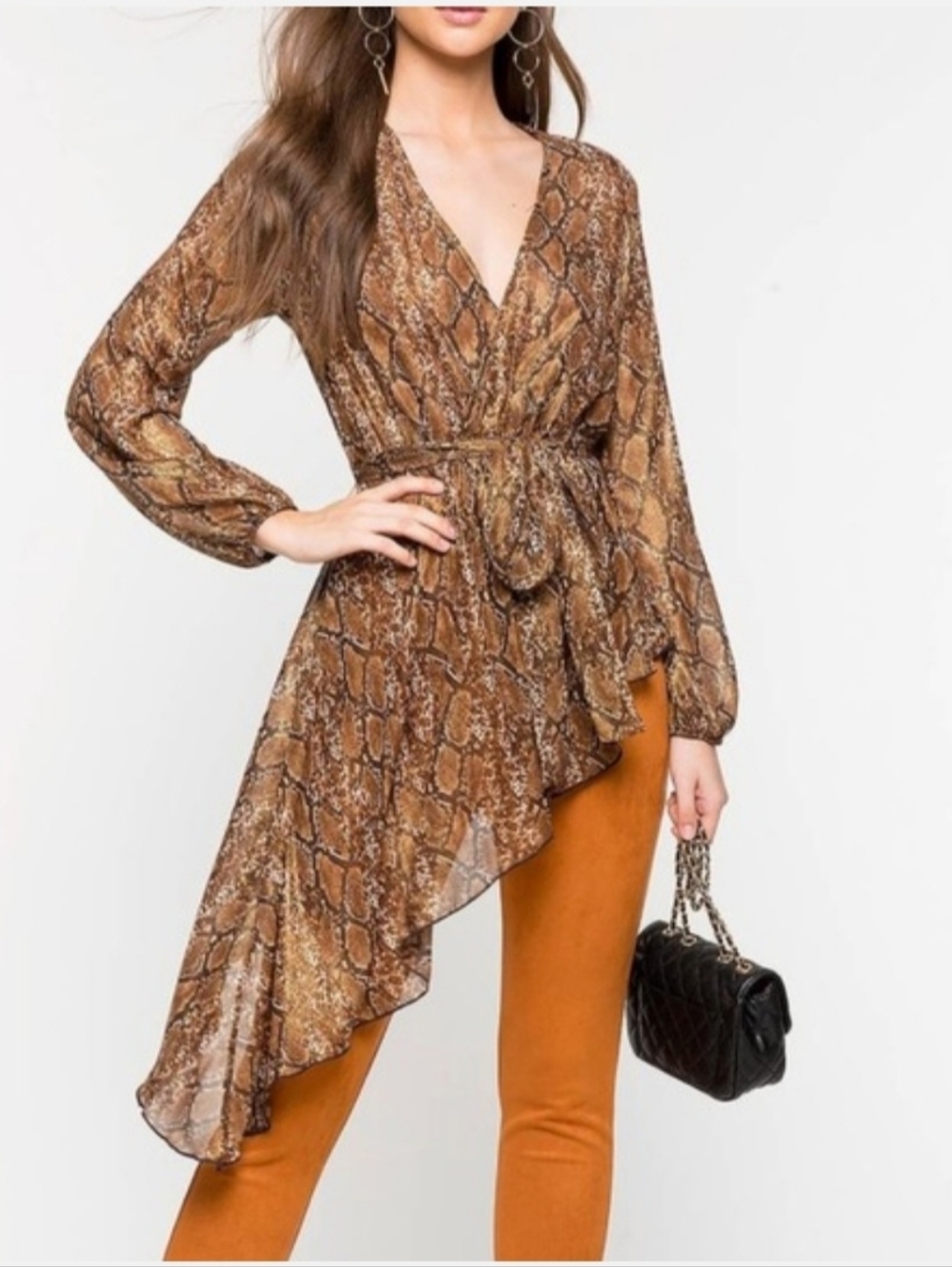 Asymmetric Snake Print Wrap Blouse in Brown